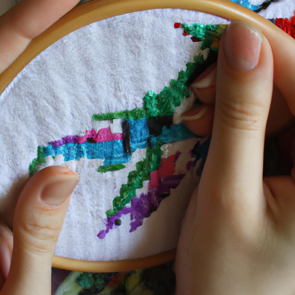 Person cross-stitching with colorful thread